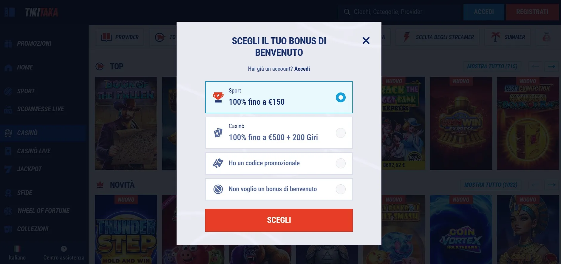 Scelta del bonus di benvenuto su TikiTaka Casino Italia